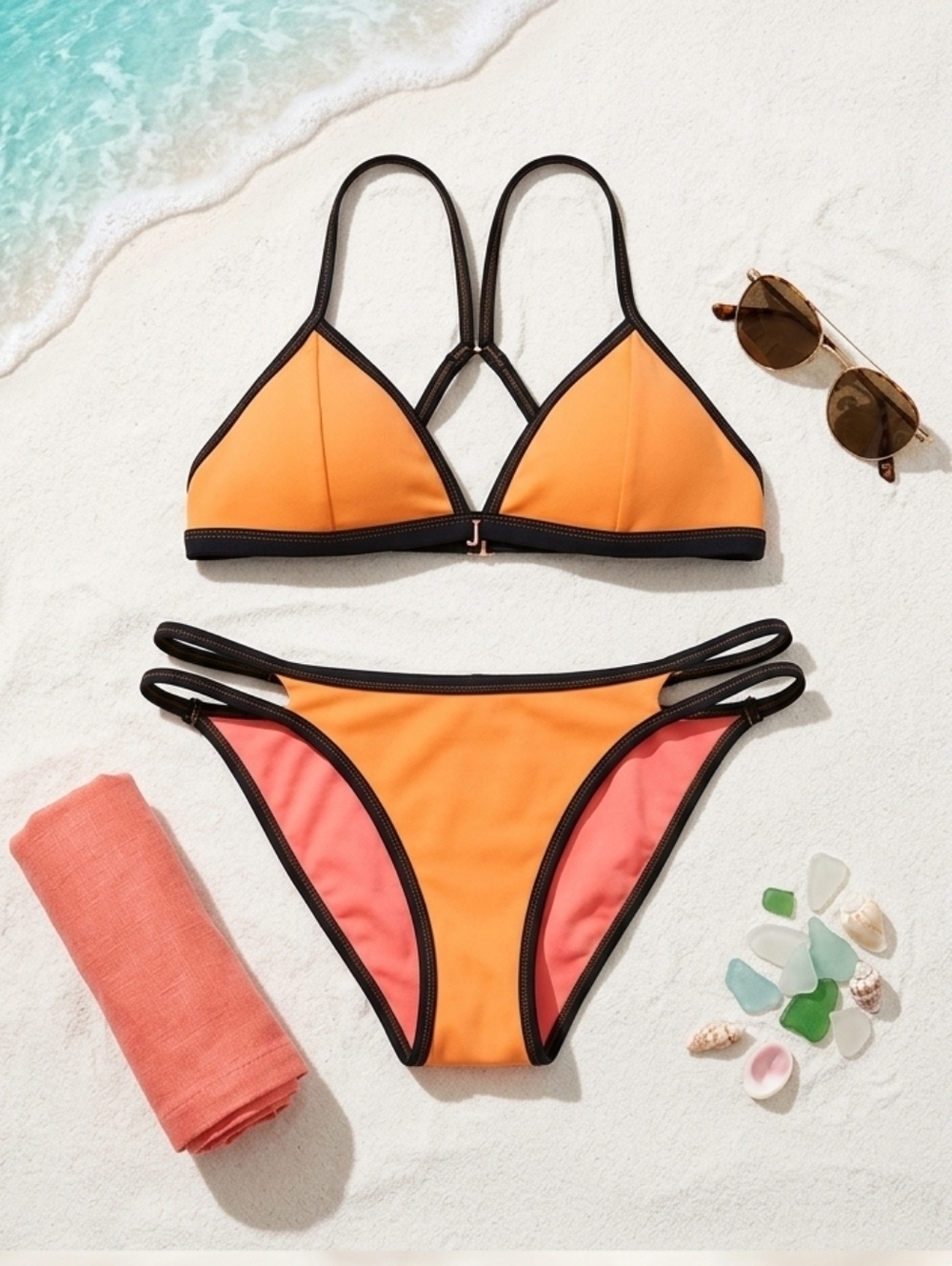 Victoria Secret Contrast-Trim Triangle Bikini in Orange & Coral Size L NWOT.